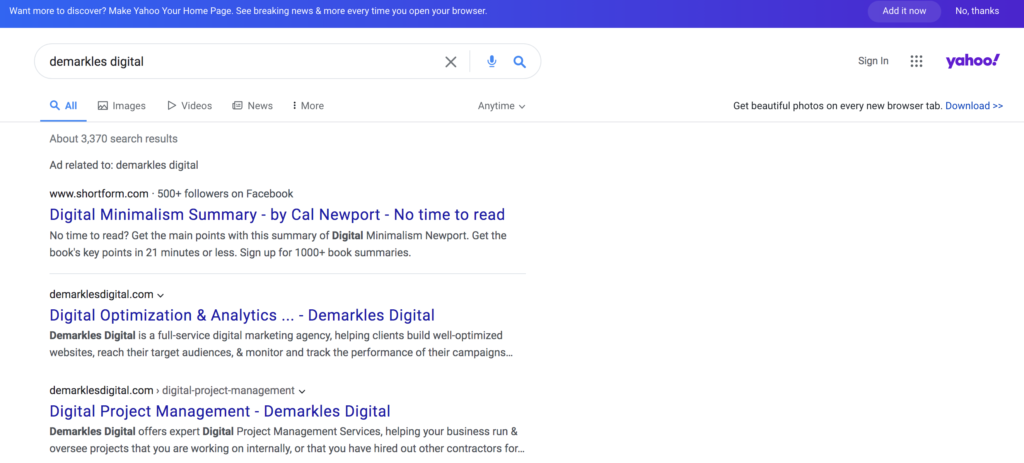 Yahoo! Search Engine Results Page For Demarkles Digital